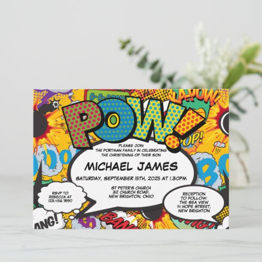 洗礼《キリスト教》洗礼式や命名式おもしろいモダン漫画書 招待状 (スタンド正面)