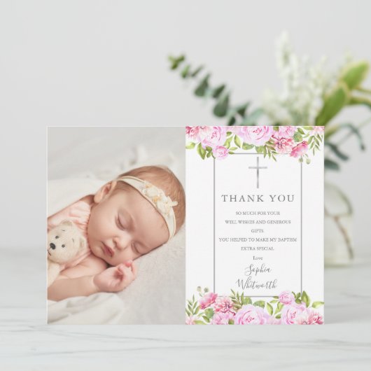 洗礼《キリスト教》洗礼式や命名式バラフローラ写真 サンキューカード (スタンド正面)
