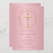 洗礼《キリスト教》洗礼式や命名式バラ金ゴールドクロスフローラ 招待状 (正面/裏面)