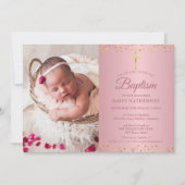 洗礼《キリスト教》洗礼式や命名式バラ金ゴールドハート写真 招待状 (正面)