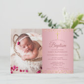 洗礼《キリスト教》洗礼式や命名式バラ金ゴールドハート写真 招待状 (スタンド正面)