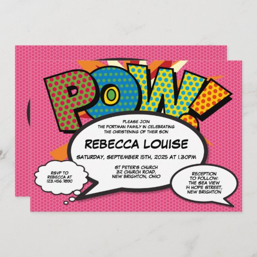 洗礼《キリスト教》洗礼式や命名式ピンクおもしろいモダン漫画本 招待状 (正面/裏面)