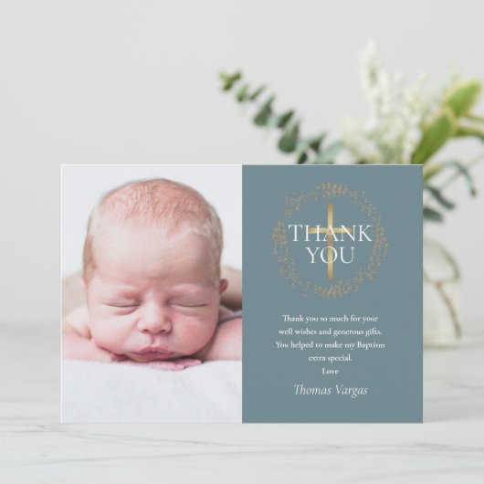 洗礼《キリスト教》洗礼式や命名式モダン金ゴールドガーランド写真 サンキューカード (スタンド正面)