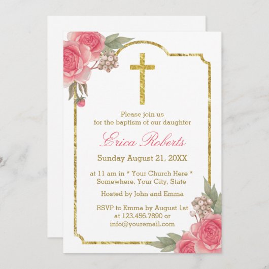 洗礼《キリスト教》洗礼式や命名式ヴィンテージフローラ金ゴールド枠 招待状 (正面/裏面)