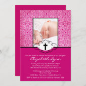 洗礼《キリスト教》洗礼式や命名式招待状フォトピンクダマスク 招待状 (正面/裏面)