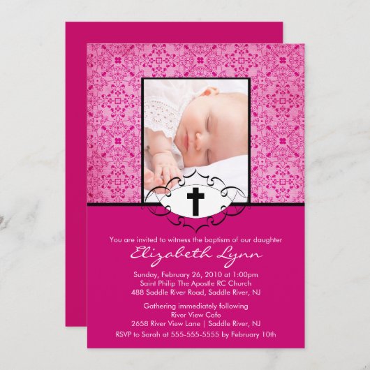 洗礼《キリスト教》洗礼式や命名式招待状フォトピンクダマスク 招待状 (正面/裏面)
