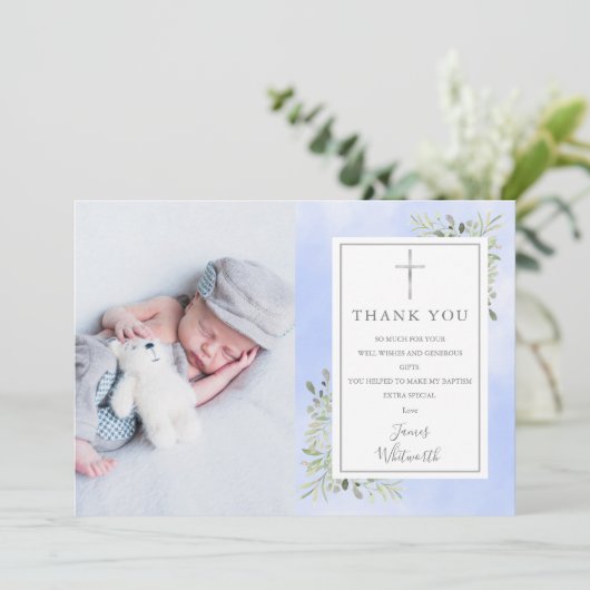 洗礼《キリスト教》洗礼式や命名式緑青水彩写真 サンキューカード (スタンド正面)
