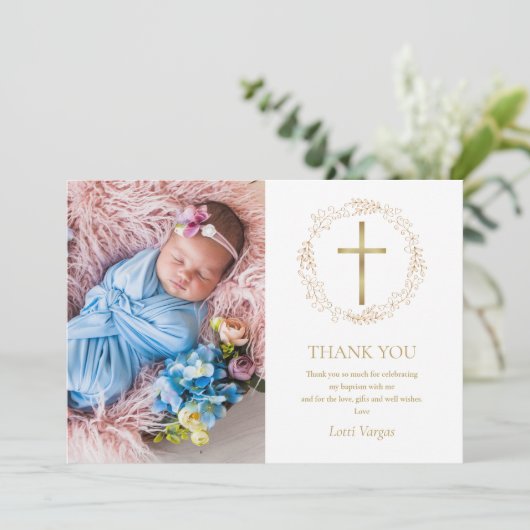 洗礼《キリスト教》洗礼式や命名式金ゴールドフローラガーランド写真 サンキューカード (スタンド正面)