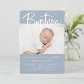洗礼|シンプルミニマルブルーと2枚の写真 招待状 (スタンド正面)