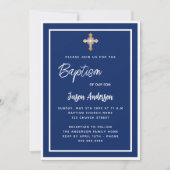 洗礼 ネイビーブルー 白 男の子 ゴールド 十字架 招待状 (正面)
