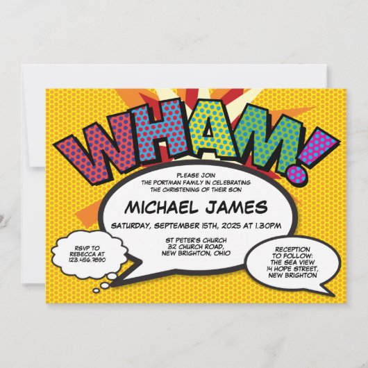 洗礼　バプテスマ　現代風　楽しい　コミックブック 招待状 (正面)