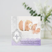 洗礼 パープル 白 レース フォト ジュエル 十字架 女の子 招待状 (スタンド正面)