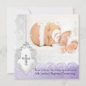 洗礼 パープル 白 レース フォト ジュエル 十字架 女の子 招待状 (正面)
