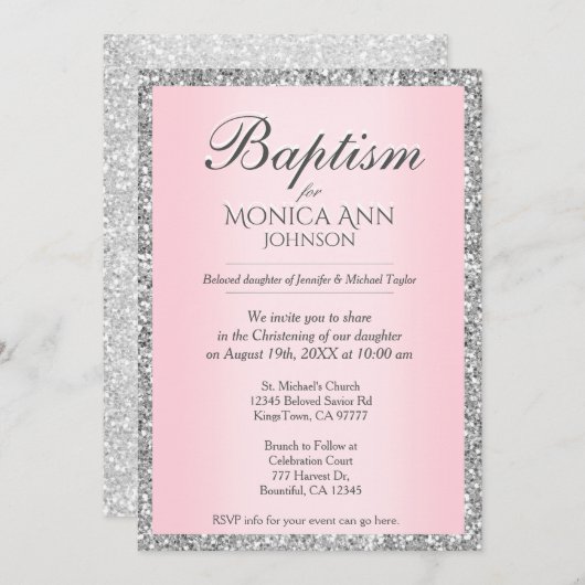洗礼 | ピンクにシルバーの偽グリッター 招待状 (正面/裏面)
