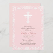 洗礼-ピンクのダマスク織 招待状 (正面/裏面)