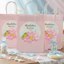 洗礼 ピンクのハスの花とカエルのステッカー ラウンドシール