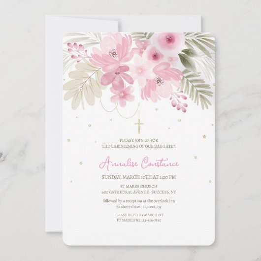 洗礼 ピンクの花の招待状 招待状 (正面)