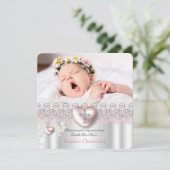 洗礼 ピンク シルバー フォト ハート クロス ガール パール 招待状 (スタンド正面)