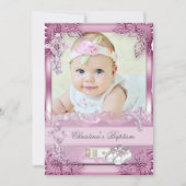 洗礼 ピンク 十字架 女の子 フォト かわいい 招待状 (正面)