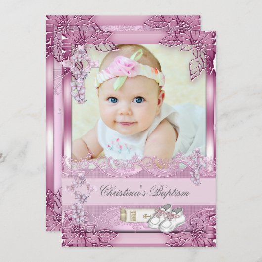洗礼 ピンク 十字架 女の子 フォト かわいい 招待状 (正面/裏面)