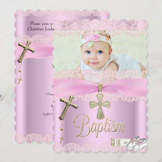 洗礼 ピンク 十字架 女の子 レース 招待状 (正面/裏面)