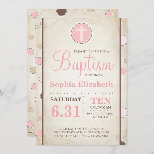 洗礼 ピンク 水玉 招待状 - 赤ちゃん女の子 (正面/裏面)