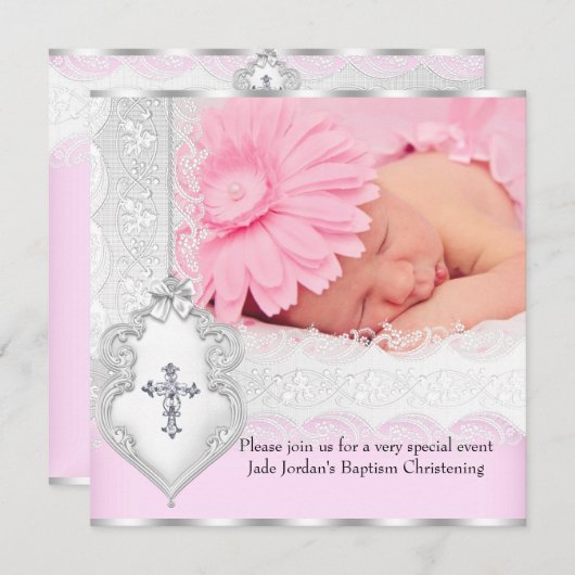 洗礼 ピンク 白レース フォト ジュエル クロス 女の子 3 招待状 (正面/裏面)
