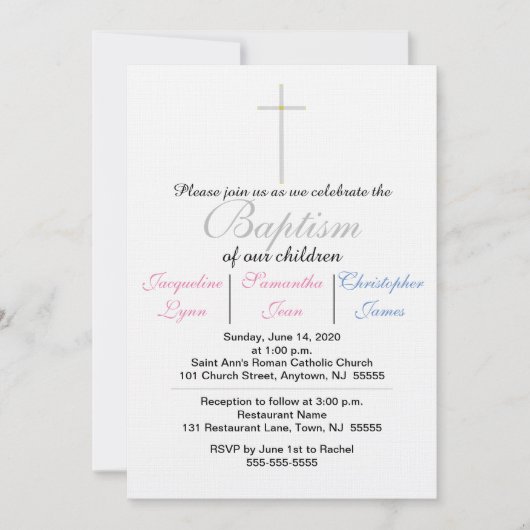 洗礼 ピンク 青の三つ子 招待状 (正面)