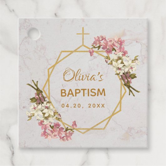 洗礼 フローラル ゴールド ピンク ランカスター 大理石 幾何学 フェイバータグ (正面)