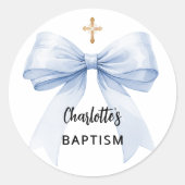 洗礼 ブルー リボン 男の子 十字 ラウンドシール (正面)