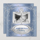 洗礼　ベビー男の子　シルバー　青　クロス 招待状 (正面/裏面)