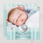 洗礼 ミントブルー ラッセル フォト ハート クロス 男の子 女の子 招待状 (正面/裏面)