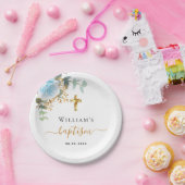 洗礼　ユーカリグリーン　青　花　男の子 ペーパープレート (パーティー)