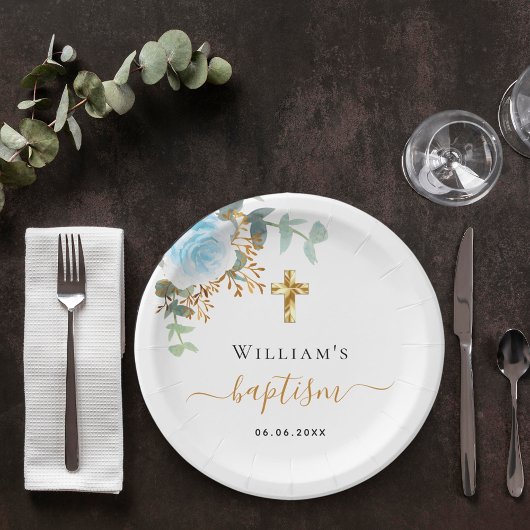 洗礼　ユーカリグリーン　青　花　男の子 ペーパープレート