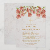 洗礼 初めての誕生日 ピンクのマグノリア クロス 大理石 招待状 (正面/裏面)