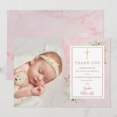 洗礼 命名式 グリーン ピンク 大理石 写真 サンキューカード (正面/裏面)