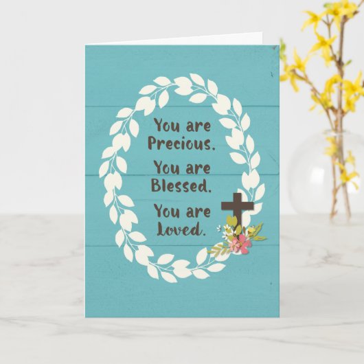 洗礼 愛おしき祝福と愛に満ちて ターコイズ色の木製風 カード (黄色い花)