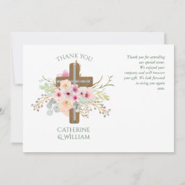 洗礼 感謝カード - サージ ピンク フローラ 十字架 招待状