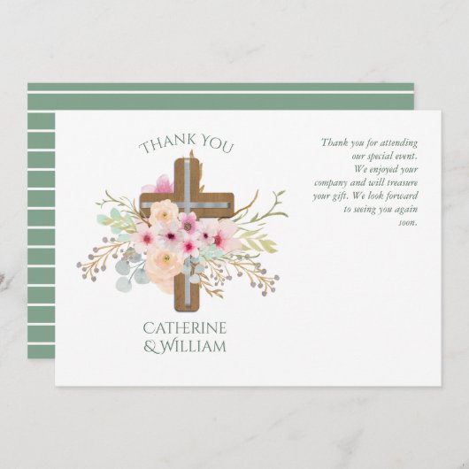 洗礼 感謝カード - サージ ピンク フローラ 十字架 招待状 (正面/裏面)