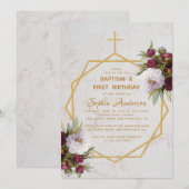 洗礼 生後1年 ワインレッド 牡丹 大理石 ゴールド 招待状 (正面/裏面)