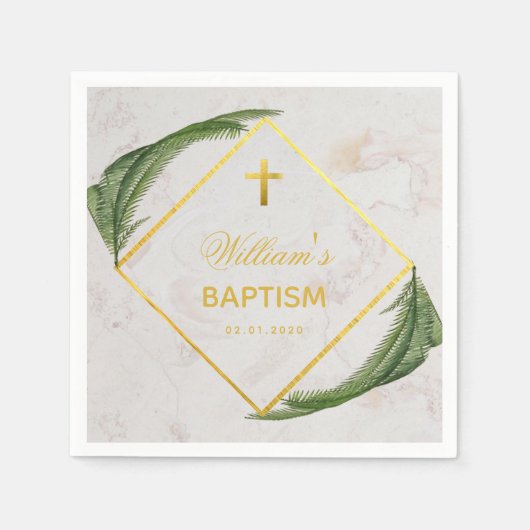 洗礼 緑の装飾 大理石 偽の金箔 シダの葉 スタンダードカクテルナプキン (正面)