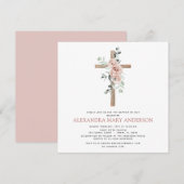 洗礼 緑 ほこりっぽいピンクのバラ 十字架 キリスト教 招待状 (正面/裏面)