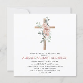 洗礼 緑 ほこりっぽいピンクのバラ 十字架 キリスト教 招待状