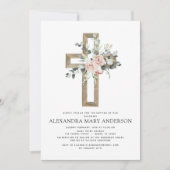 洗礼 緑 ほこりピンク ローズ 十字架 招待状 (正面)
