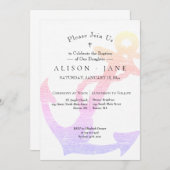 洗礼 船の錨 ラベンダー ピンクの女の子 招待状 (正面/裏面)