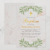 洗礼 葉の茂る 偽の金の十字架 書道 大理石 招待状 (正面/裏面)