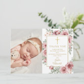 洗礼 誕生記念 ダスティーローズ 花の写真 サンキューカード (スタンド正面)