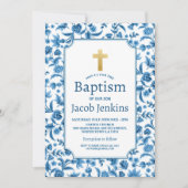 洗礼 誕生 日 蓋 う 花 クロス ゴールド 青 白 招待状 (正面)