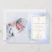 洗礼 誕生 植物の写真 青 水彩 サンキューカード (正面)
