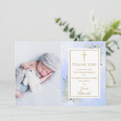 洗礼 誕生 植物の写真 青 水彩 サンキューカード (スタンド正面)